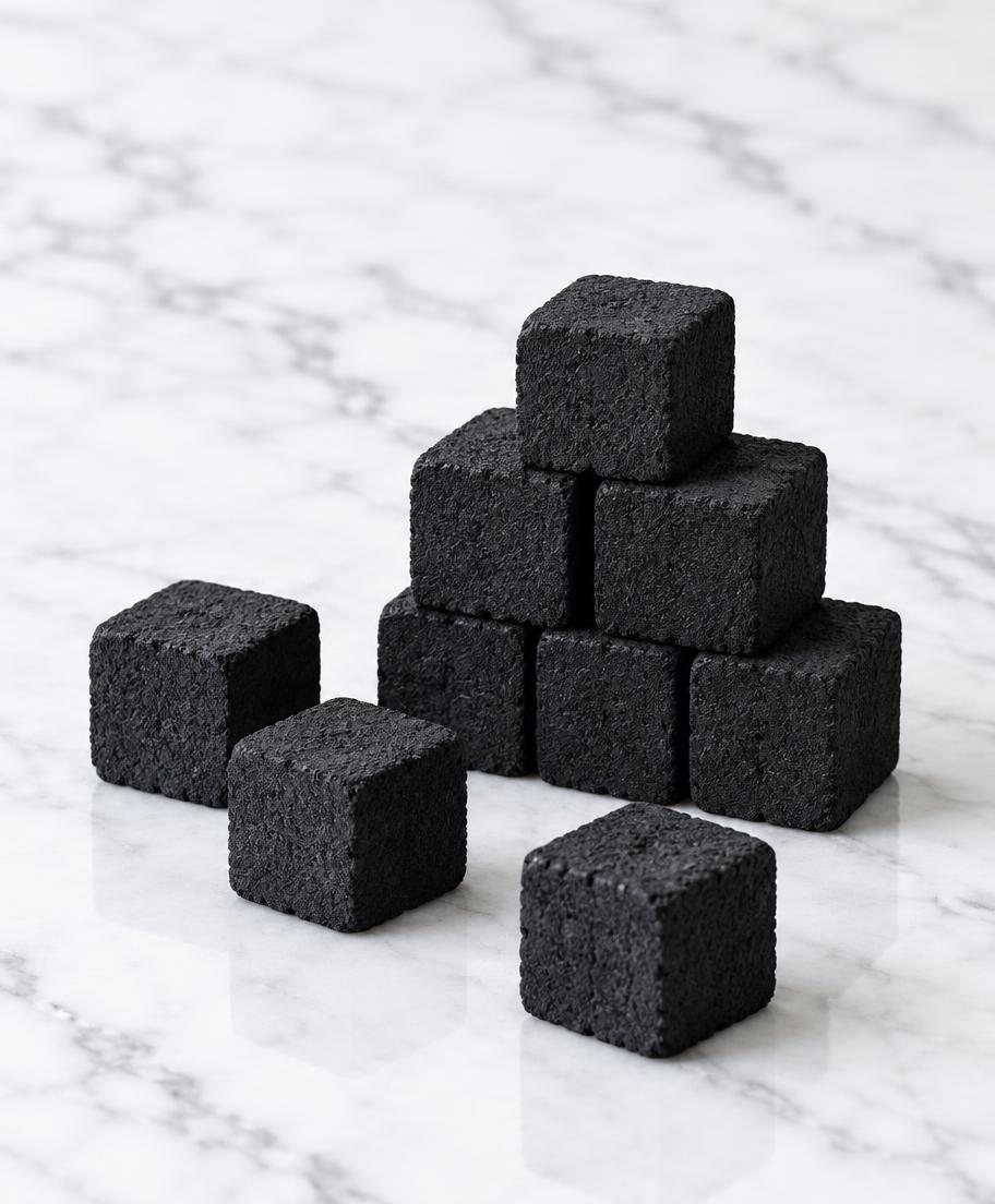 Black shisha charcoal cubes on a light marble surface